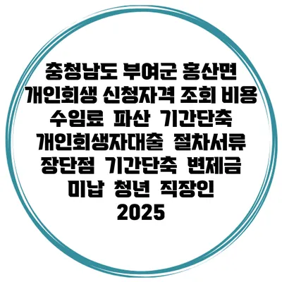충청남도 부여군 홍산면 개인회생 신청자격 조회 비용 수임료 | 파산 | 기간단축 | 개인회생자대출 | 절차서류 | 장단점 | 기간단축 | 변제금 미납 | 청년 | 직장인 2025