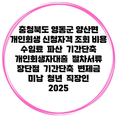 충청북도 영동군 양산면 개인회생 신청자격 조회 비용 수임료 | 파산 | 기간단축 | 개인회생자대출 | 절차서류 | 장단점 | 기간단축 | 변제금 미납 | 청년 | 직장인 2025